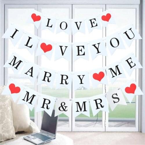 Mr Mrs Banner Marry Me Paper Flag Pennant Banner I LOVE YOU Wedding Propose Marriage Party Happy Valentines Day Decorations