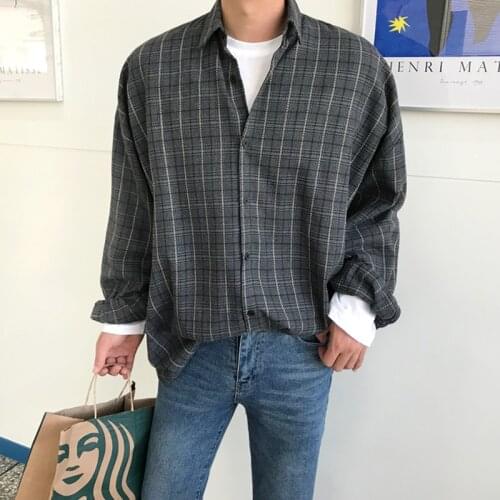 Autumn Check Shirt for Men Cotton Long-Sleeved Loose Top Mens Casual Korean Single-Breasted Shirt