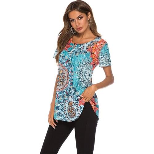 Vintage Print Plus Size Tops And T-shirts Women Summer O-neck Short Sleeve Button Decoration Office Lady Casual Tee Shirt