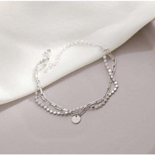 925 Sterling Silver Double Layer Round Disc Lucky Pendant Bracelet for Women Adjustable Chain Bracelet Jewelry Gifts S-B434
