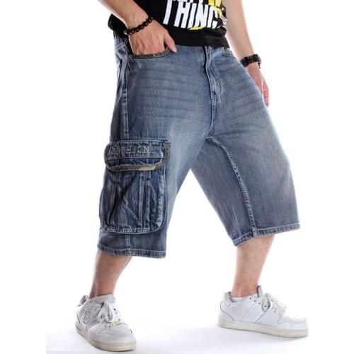 New Summer Mens Large Size Loose Denim Shorts Men Fashion Street Dance Hip Hop Baggy Skateboard Shorts Multi Pocket Light Blue