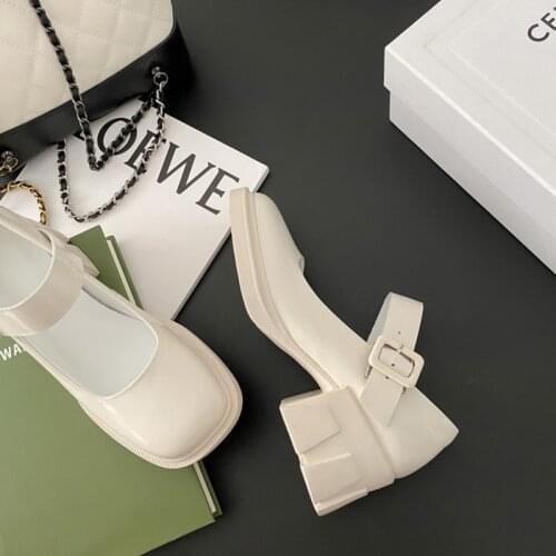 Chic Natural Genuine Leather Mary Jane Shoes Women Black Beige Buckle Strap Shoes Woman Square Toe Chunky Heels Autumn Fall Pump