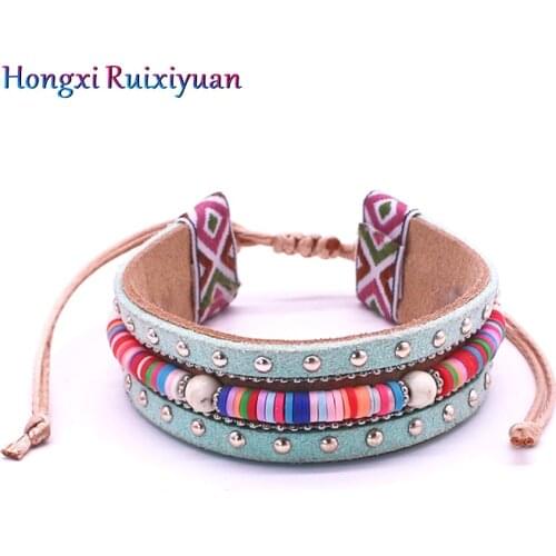 Jewelry Leather Bracelet Bohemian Style Alloy Feather Beaded Chain Slipknot Bracelet Retro Colorful Pattern Feminine Gift