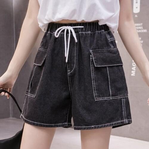 Zoki Loose Women Black Denim Shorts Elastic High Waist Fashion Korean Wide Leg Jeans Plus Size Summer Streetwear Baggy Shorts