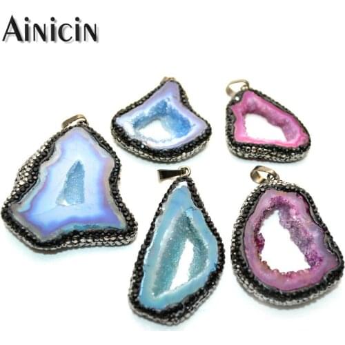 Natural Druzy Crystal Hollow Out Drusy Pendants Black Rhinestone Crystal Clay Paved For Women Jewelry Making Findings 5pcs