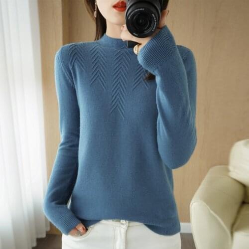 2021 woman winter 100% Cashmere sweaters knitted Pullovers jumper Warm Female Mock Neck blouse blue long sleeve clothing