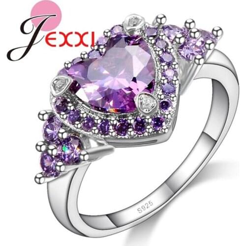 Heart Shaped 925 Sterling Silver Bridal Wedding Accessories Finger Ring Women Bijoux Accessories Purple Zircon Love Gift