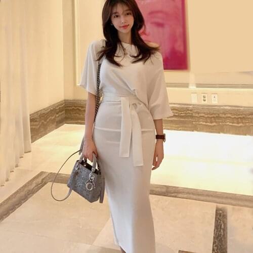 2020 Brand New Women Fashion Dress Batwing Sleeve Belted Slim Pencil Dress Elegant Mid Dress Plus Size White Dress Vestidos