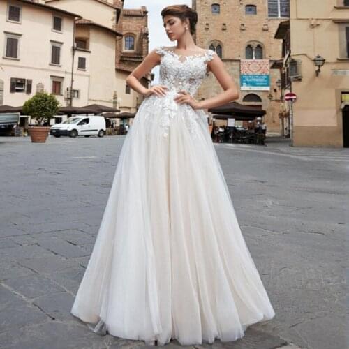 Fanweimei Elegant Wedding Dress O-Neck Appliques A-Line Bohemian Wedding Gown Tulle White Ivory Simple Lace Bridal Dress