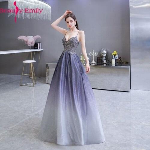 Beauty Emily Fashion Spaghetti Strap V Neck Sequined Evening Dress 2020 Gradient Lace Up Back Sleeveless Formal Party Dress