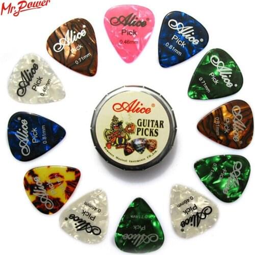 Alice Celluloid Guitar Picks 12pcs Plectrum in Mini Cute Round Tin Metal Picks Box Case for Acoustic Electric Guitar Accessories