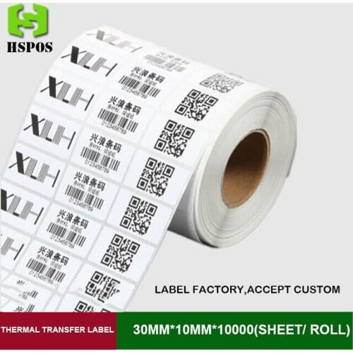 30mm*10mm blank transfer label 10000 sheets per roll 3 row thermal adhesive paper can customize use on barcode ribbon printer