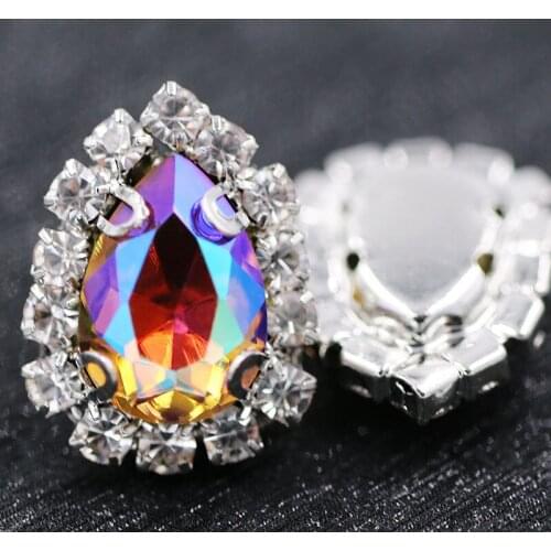 7x10mm glass rhinestones teardrop sew on Sliver base crystal button Smoke yellow crystals rhinestones diy nail art accessories