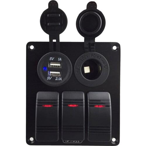 Car 3 Gang Red LED Rocker Switch Automotive 3.1A Dual USB Charger Cigarette Lighter Socket for Car SUV Boat Marine RV Truck