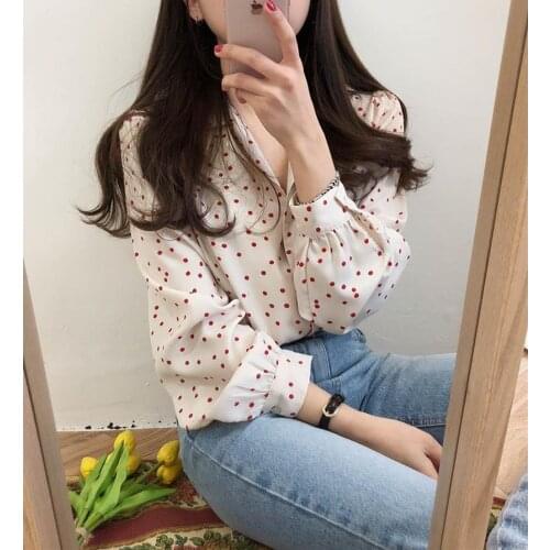 Blouse Women Retro Red Polka Dot Long Sleeve Chiffon Loose Top Blusas Mujer De Moda