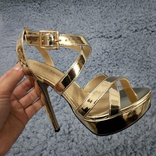 Sexy Gold Patent High Heel Dress Party Women Sandals Summer New Open Toe Buckle Ankle Strap Stiletto Platform 14cm Heels Shoe