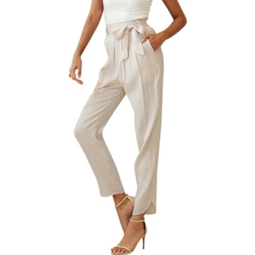 Womens Strappy Casual Cotton Loose Straight Pants Female Plus Size Pants Summer Office Lady Solid Color Trousers