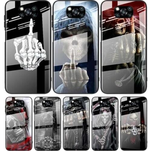 Tempered Glass Cover Luxury Grim Reaper Skull Skeleton For Xiaomi Mi POCO F3 F2 X3 NFC X2 M2 Pro Shockproof Shell Phone Case