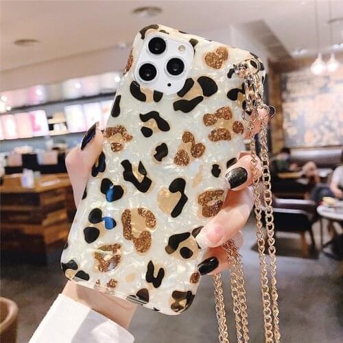 Hanging Chain Necklace Phone Case For iphone 12 Mini 11 Pro XS Max XR X SE 2020 7 8 Plus Glossy Leopard Silicone Back Cover