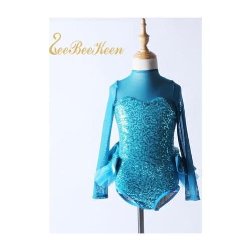 Ballet Children Girls Long-sleeved Blue Sequin Jazz Modern Dance Dress Playful Jumpsuit Stage Professional Performance Clothes