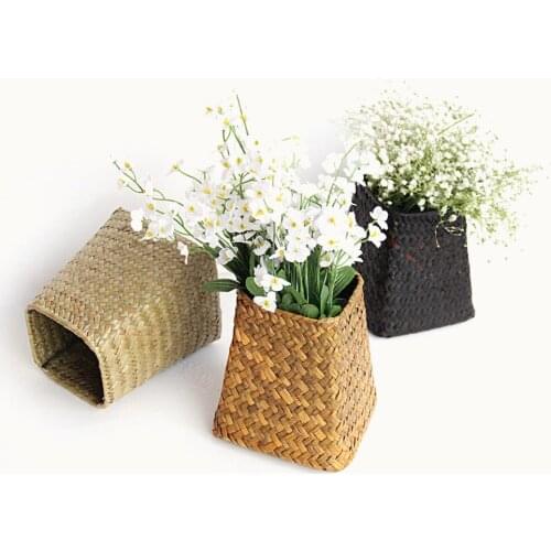 Home Sundries Decoration Weaving Flower Baskets Storage Box Handmade Wicker Wardrobe Table Gift Box Wicker Seagrass Flower Pot