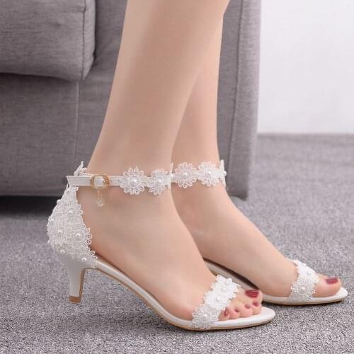 Elegant Fashion Womens Thin High Heels Lace Flowers Open Toe Ankle Strap Sandals Wedding Shoes
