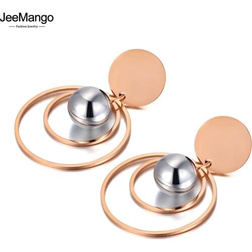 JeeMango Original Design Stainless Steel Geometric Round Beads Party Jewelry Bohemia CZ Crystal Punk Earrings For Women JE20168