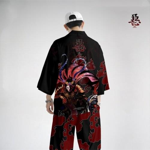 Good Evil Printed Kimono Cardigan Men Japanese Traditional Casual Loose Thin Set of Coat and Pants Asian Clothes Harajuku