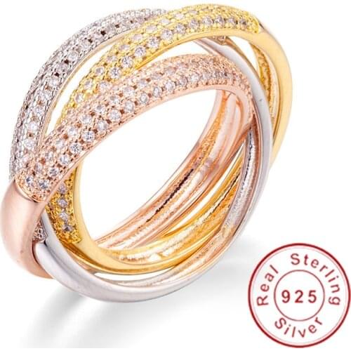Triple Circles Gold/Rose Gold/Silver Ring Three Colors Luxury Jewelry 925 Silver Pave 5a CZ Ring Women Wedding Finger Rings Gift