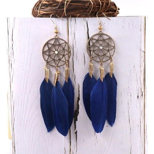 Fashion Bohemian National Style New Geometric Hollow Six-pointed Star weaving Dream Network Feather Pendant Earrings Gifts