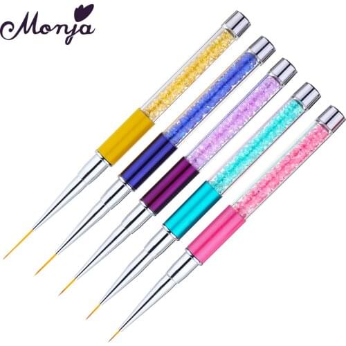 Monja 5 Pcs/Set 7/9/11/14/19mm Nail Art Acrylic Rhinestone Handle Painting Brush French Stripes Lines Liner Pattern Drawing Pen
