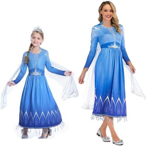 Mother Daughter Dresses Outfits Women Audult Girls Elsa Dress Elsa Costume Cosplay Mother and Daughter Matching Family Clothes