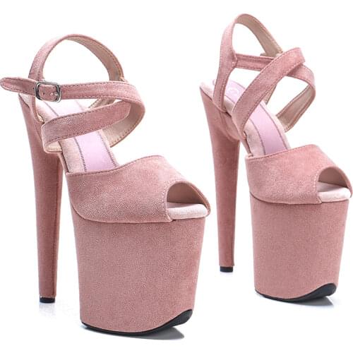 Leecabe Pink Suede covered style high heel sandals 20cm sexy model shoes pole dancing shoes