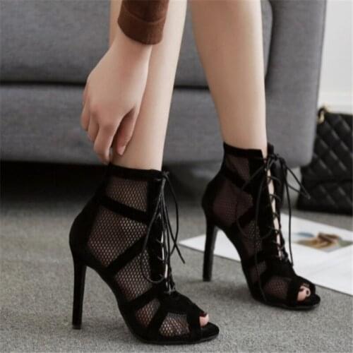 2021 Fashion Black Summer Sandals Lace Up Cross-tied Peep Toe High Heel Ankle Strap Net Surface Hollow Out Sandals