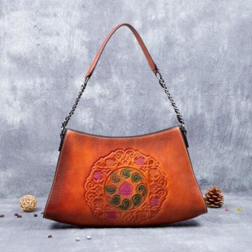 Chinese Style Genuine Leather Women Shoulder Bags 2021 New Female Retro Embossed Crossbody Bag Cowhide Floral Handbag Sac A Main