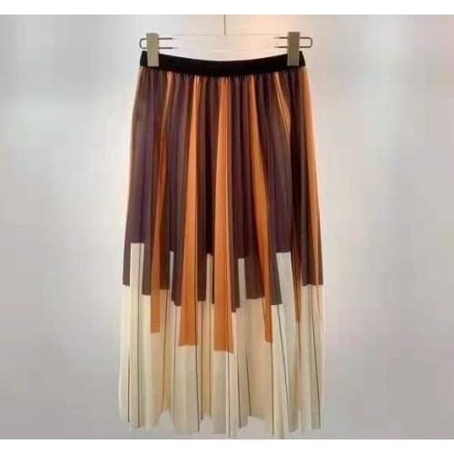 High Quality Womens Skirt 2021 Autumn Winter Style Women Elastic Waist Striped Print Casual Long Maxi Skirt Blue Orange Color
