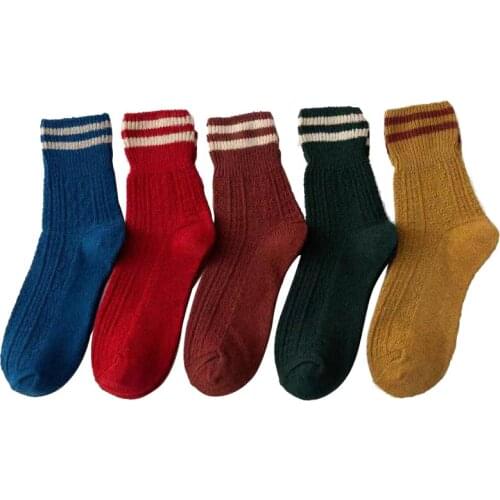 Women Solid Thickened Winter Warm Wool Stripe Color Matching Pattern Tube Socks 5 Pairs/Pack
