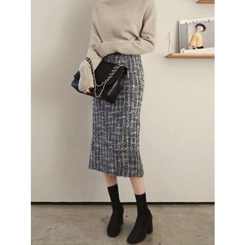 Free Shipping 2020 New Fashion Elegant Knee Length Women Straight S-2XL High Waist Winter And Autumn Slit OL Wool Warm Skirts