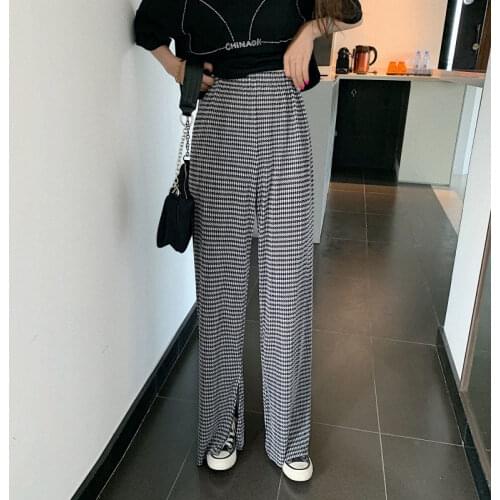 2020 New Summer Womens Plaid Stretch Bell Bottom Trousers Ladies Loose Printed Flared Pants High Waist Fashion Women Long Pants