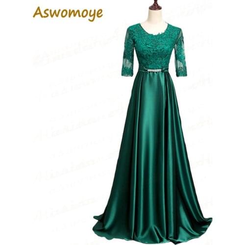 Aswomoye Half Sleeve Evening Dress 2019 Appliques A-Line Prom Dresses Party Dress of the day Floor Length robe de soiree