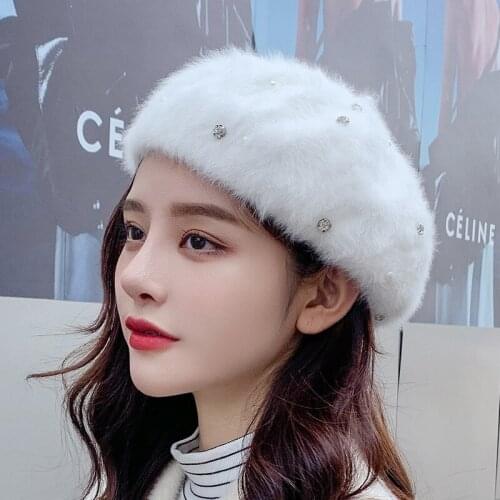 2020Winter Hat Womens Warm Long-Haired Rabbit Fur Womens Hat Solid Color Wide Sleeve Mouth Beret Rhinestone Gravity Falls Hat