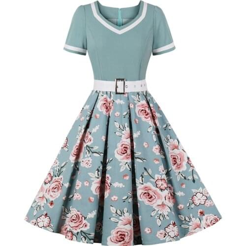2021 Vintage 50s 60s Ladies Floral Pleated Plus Size 3XL 4XL Rockabilly Dress Women High Waist Pinup Elegant Dresses with Belt