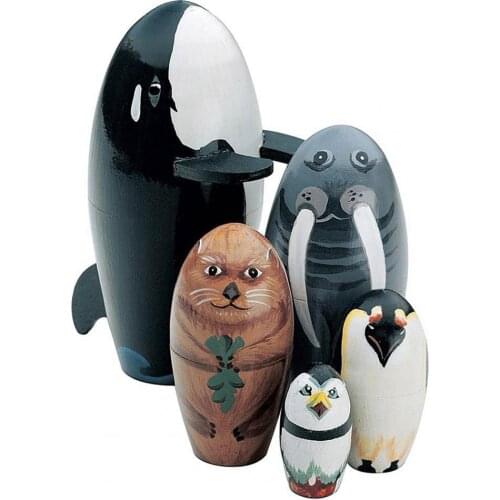 5Pcs/Set Nesting Doll Eco-friendly Different Animal Pattern Schima Superba Nesting Whale Doll Tabletop Ornaments Toy Gift