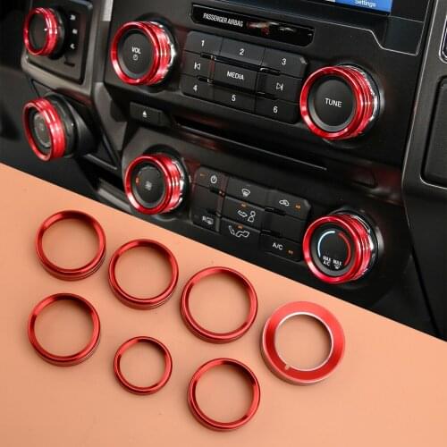 7Pcs Red Headlight Air Condition Switch Knob Ring Trim Cover Fit for Ford F150 XLT 2016 2017 2018 2019 Aluminum Alloy