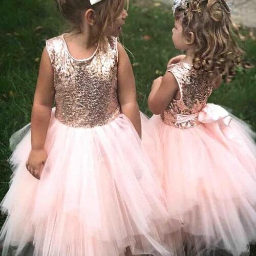 2019 Sparkly Pink Flower Girl Dress Sequined with Bow Handmade Party Gown Customized Wedding Tiered Tulle Skirt