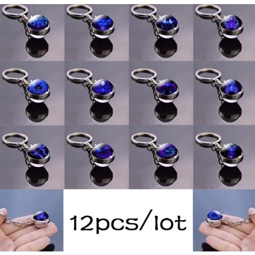 12 Pcs/set Zodiac Keychains Clear Glass Ball Constellation 12 Zodiac Sign Key Ring Men Women Birthday Gift Wholesale
