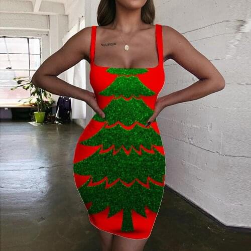 Giyu Brand Christmas Dresses Women New Year Bodycon Dress Christmas Tree Halter Sleeveless Red 3d Print Womens Clothing Summer