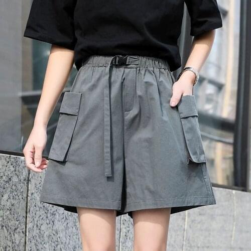 Pants Female Summer Korean Ins Big Pocket Elastic Waist Casual Solid Pants Shorts Loose and Thin Wide-leg Pants for Women 2021