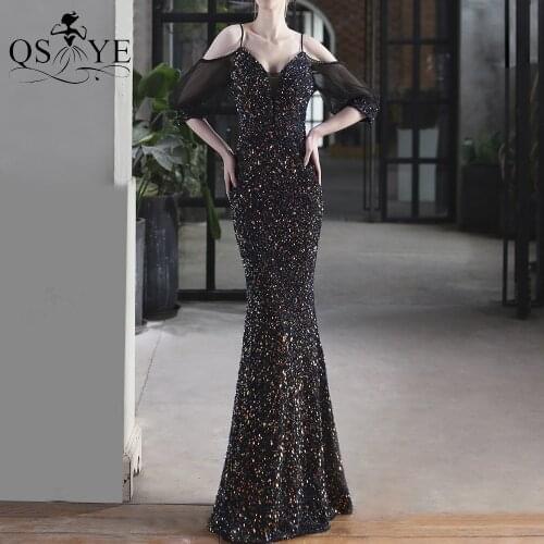 Puffy Sleeves Black Evening Dresses Mermaid Sequin Prom Gown Spaghetti Straps Party Dress V Neck Formal Gown Women Dress Vestido