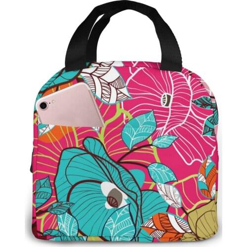 Colorful Floral Texture Cooler Bag Portable Zipper Thermal Lunch Bag Convenient Lunch Box Tote Food Bag